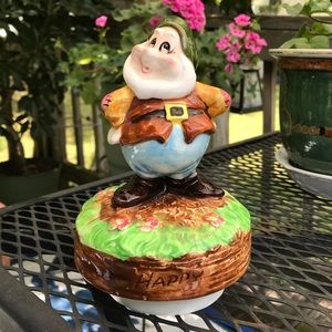 Vintage Schmid Walt Disney Snow White Happy Dwarf Figurine Music Box